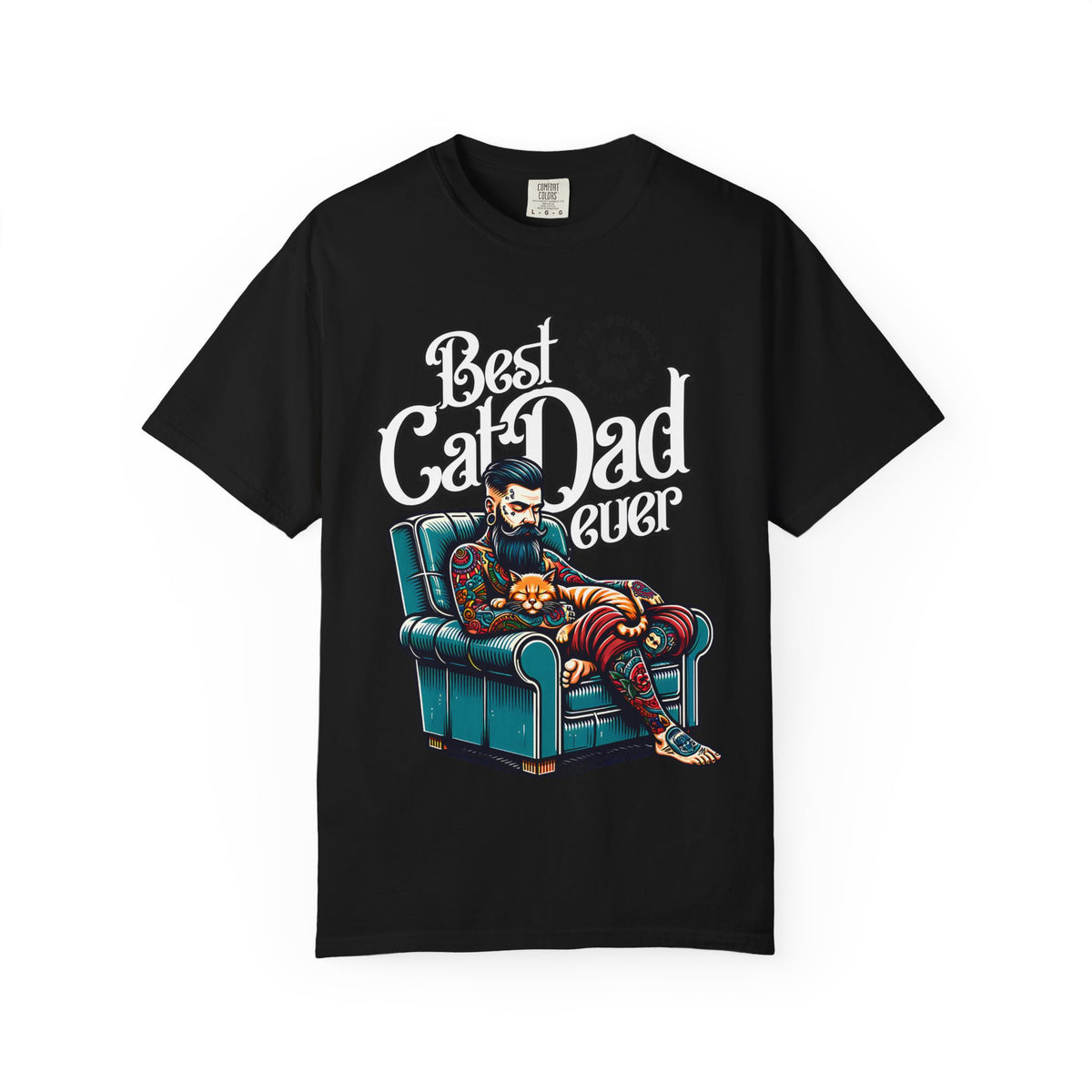 FPD - Best Cat Dad Ever T-Shirt | Tattooed Cat Dad In Armchair Graphic Tee | Funny Pet Lover Gift Shirt