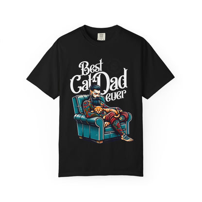FPD - Best Cat Dad Ever T-Shirt | Tattooed Cat Dad In Armchair Graphic Tee | Funny Pet Lover Gift Shirt