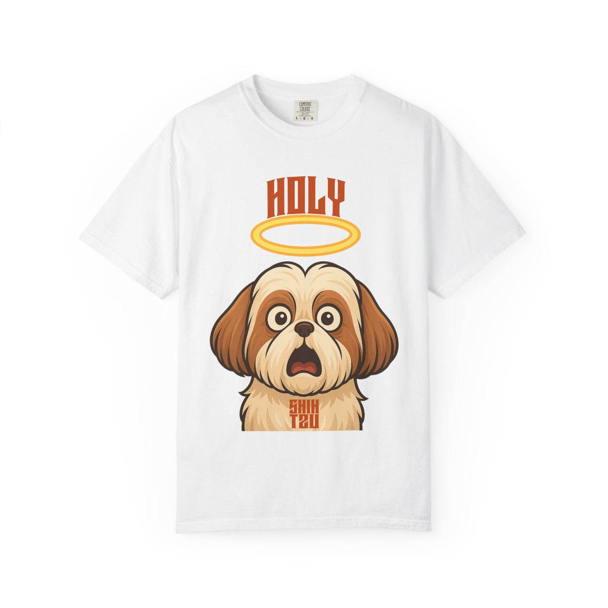 FPD - Holy Shih Tzu Funny Dog Halo Shocked Expression Unisex Heavyweight Cotton T-Shirt, Sarcastic Pet Humor Graphic Tee