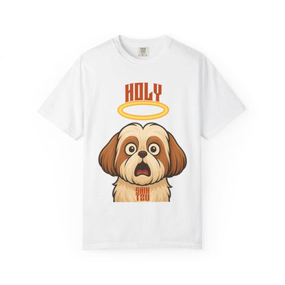 FPD - Holy Shih Tzu Funny Dog Halo Shocked Expression Unisex Heavyweight Cotton T-Shirt, Sarcastic Pet Humor Graphic Tee