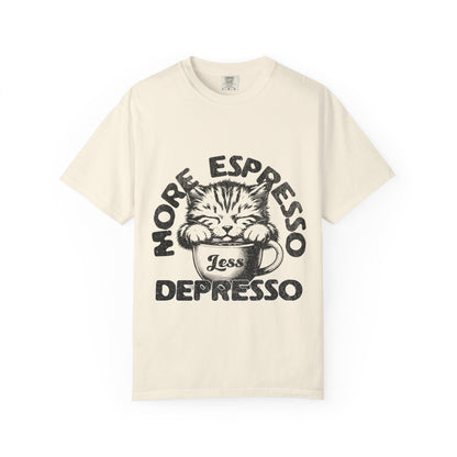 FPD - More Espresso Less Depresso T-Shirt | Minimalist Coffee Humor Graphic Tee | Funny Caffeine Addict Gift Shirt