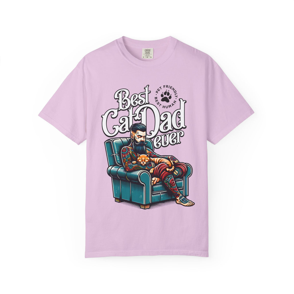 FPD - Best Cat Dad Ever T-Shirt | Tattooed Cat Dad In Armchair Graphic Tee | Funny Pet Lover Gift Shirt
