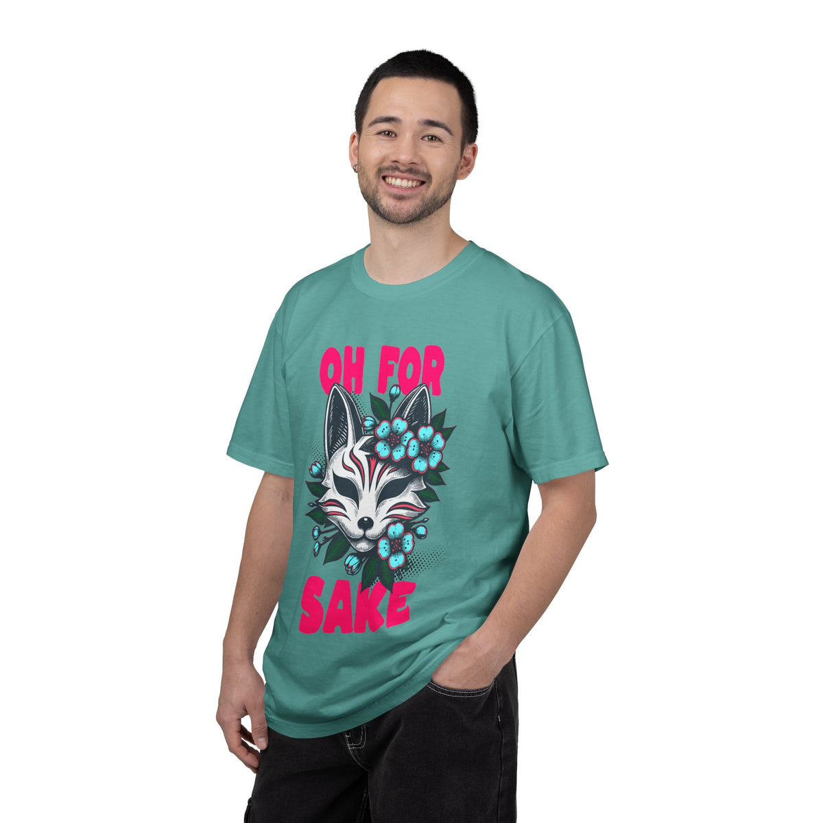 FPD - Oh For Sake Japanese Kitsune Fox Floral Streetwear Unisex Heavyweight Cotton T-Shirt, Sarcastic Anime Mask Graphic Tee