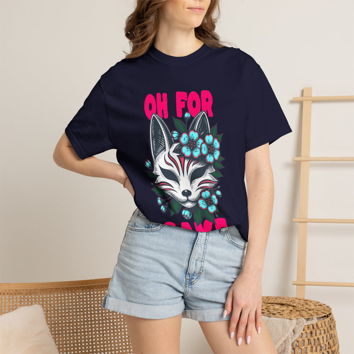 FPD - Oh For Sake Japanese Kitsune Fox Floral Streetwear Unisex Heavyweight Cotton T-Shirt, Sarcastic Anime Mask Graphic Tee