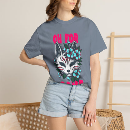 FPD - Oh For Sake Japanese Kitsune Fox Floral Streetwear Unisex Heavyweight Cotton T-Shirt, Sarcastic Anime Mask Graphic Tee