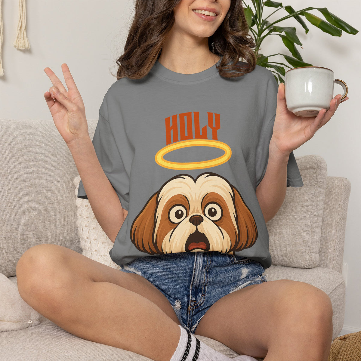 FPD - Holy Shih Tzu Funny Dog Halo Shocked Expression Unisex Heavyweight Cotton T-Shirt, Sarcastic Pet Humor Graphic Tee