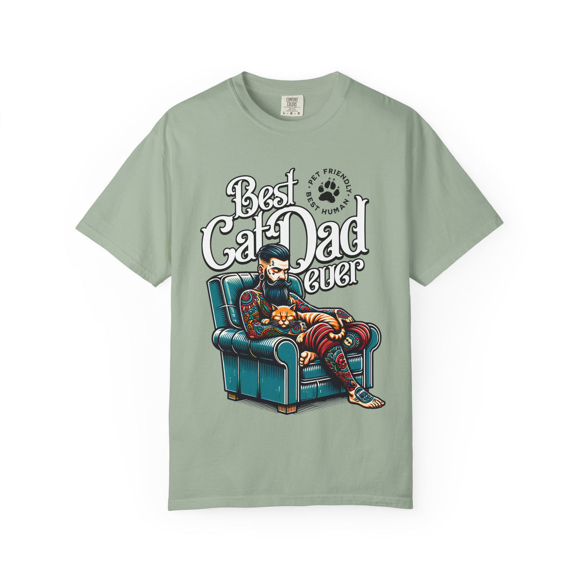 FPD - Best Cat Dad Ever T-Shirt | Tattooed Cat Dad In Armchair Graphic Tee | Funny Pet Lover Gift Shirt