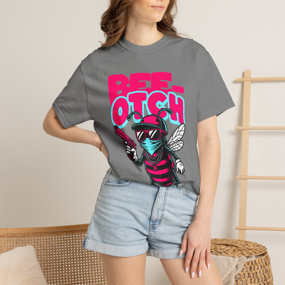 FPD - Bee-Otch Streetwear Graphic Tee – Funny Gangster Bee Unisex Heavyweight Cotton T-Shirt, Trendy Humorous Urban Apparel