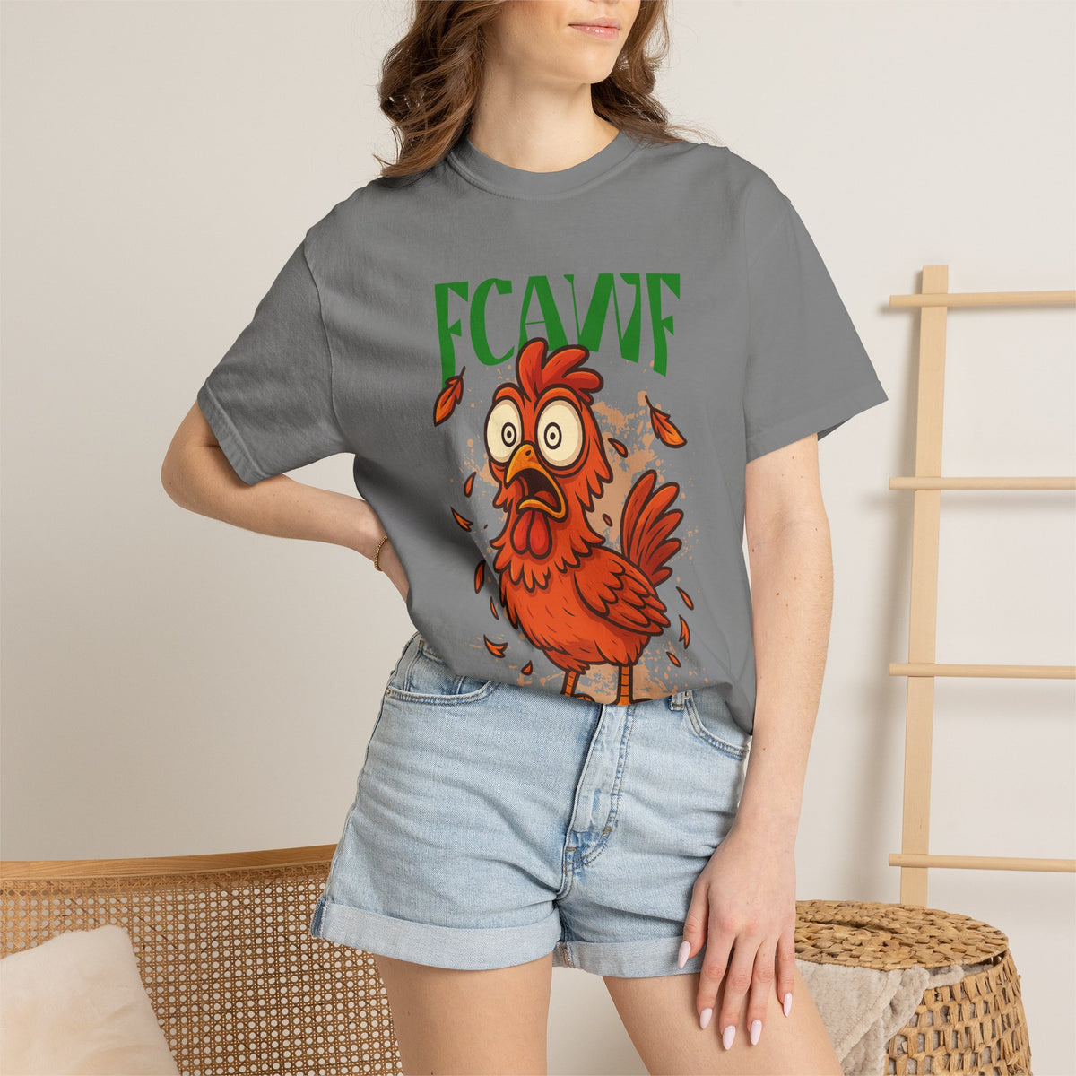 FPD - FCAWF Funny Panic Chicken Screaming Rooster Streetwear Unisex Heavyweight Cotton T-Shirt, Sarcastic Barnyard Animal Graphic Tee
