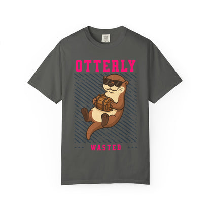 FPD - Otterly Wasted Funny Drinking Otter Sunglasses Barrel Streetwear Unisex Heavyweight Cotton T-Shirt, Sarcastic Party Animal Graphic Tee