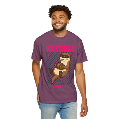 FPD - Otterly Wasted Funny Drinking Otter Sunglasses Barrel Streetwear Unisex Heavyweight Cotton T-Shirt, Sarcastic Party Animal Graphic Tee