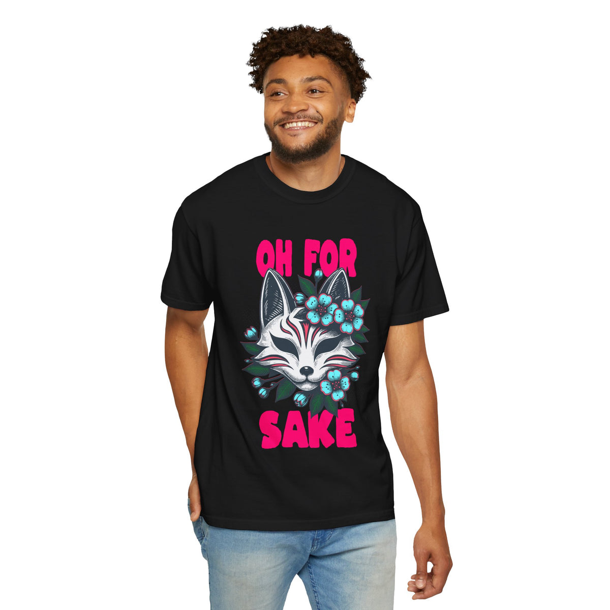 FPD - Oh For Sake Japanese Kitsune Fox Floral Streetwear Unisex Heavyweight Cotton T-Shirt, Sarcastic Anime Mask Graphic Tee