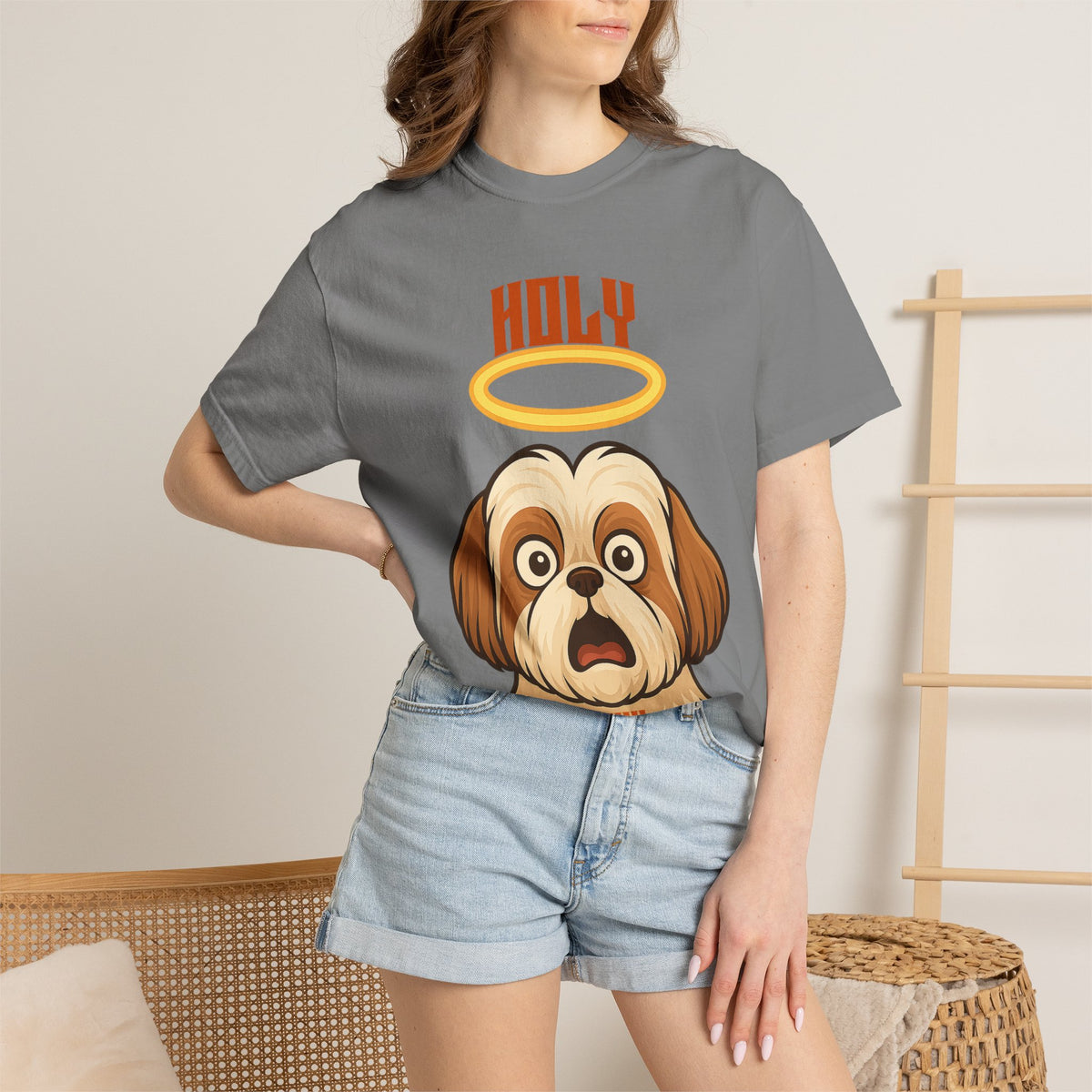 FPD - Holy Shih Tzu Funny Dog Halo Shocked Expression Unisex Heavyweight Cotton T-Shirt, Sarcastic Pet Humor Graphic Tee