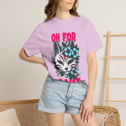 FPD - Oh For Sake Japanese Kitsune Fox Floral Streetwear Unisex Heavyweight Cotton T-Shirt, Sarcastic Anime Mask Graphic Tee
