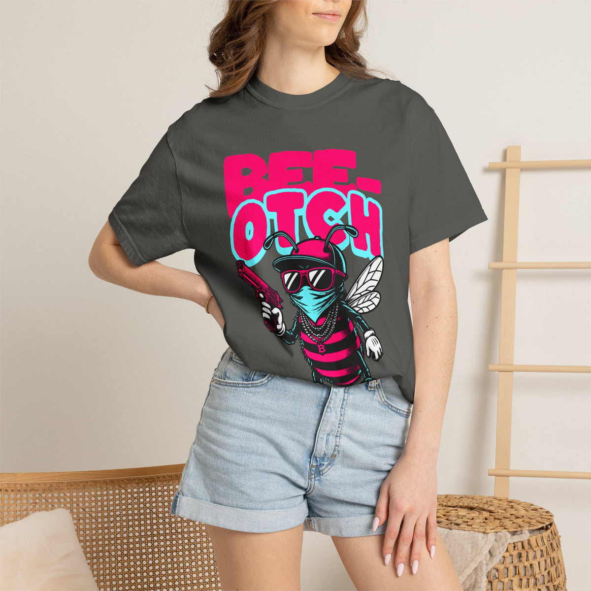 FPD - Bee-Otch Streetwear Graphic Tee – Funny Gangster Bee Unisex Heavyweight Cotton T-Shirt, Trendy Humorous Urban Apparel