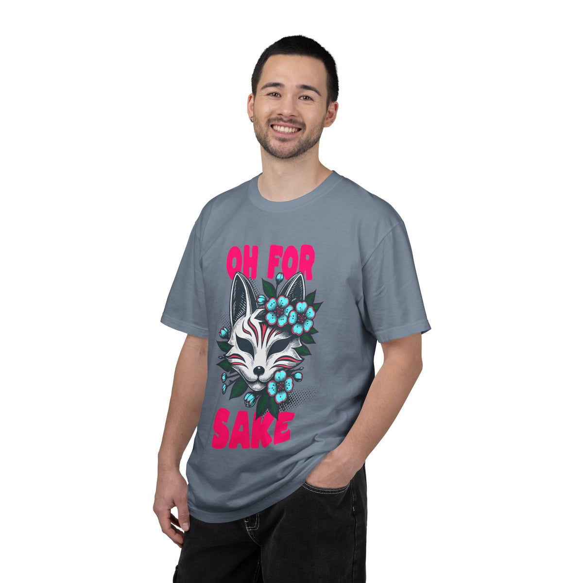FPD - Oh For Sake Japanese Kitsune Fox Floral Streetwear Unisex Heavyweight Cotton T-Shirt, Sarcastic Anime Mask Graphic Tee