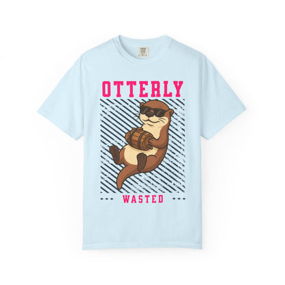 FPD - Otterly Wasted Funny Drinking Otter Sunglasses Barrel Streetwear Unisex Heavyweight Cotton T-Shirt, Sarcastic Party Animal Graphic Tee