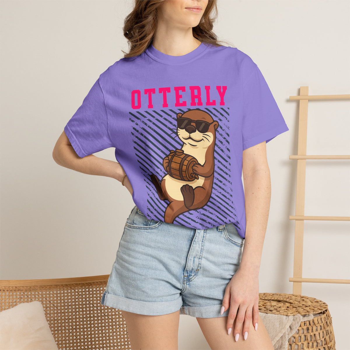 FPD - Otterly Wasted Funny Drinking Otter Sunglasses Barrel Streetwear Unisex Heavyweight Cotton T-Shirt, Sarcastic Party Animal Graphic Tee