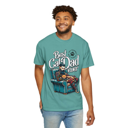 FPD - Best Cat Dad Ever T-Shirt | Tattooed Cat Dad In Armchair Graphic Tee | Funny Pet Lover Gift Shirt
