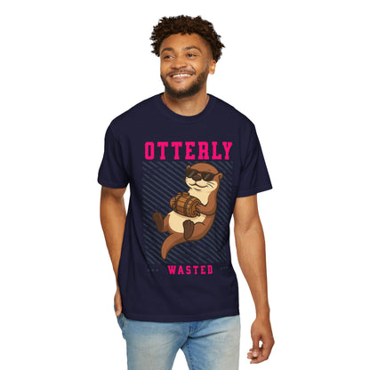 FPD - Otterly Wasted Funny Drinking Otter Sunglasses Barrel Streetwear Unisex Heavyweight Cotton T-Shirt, Sarcastic Party Animal Graphic Tee