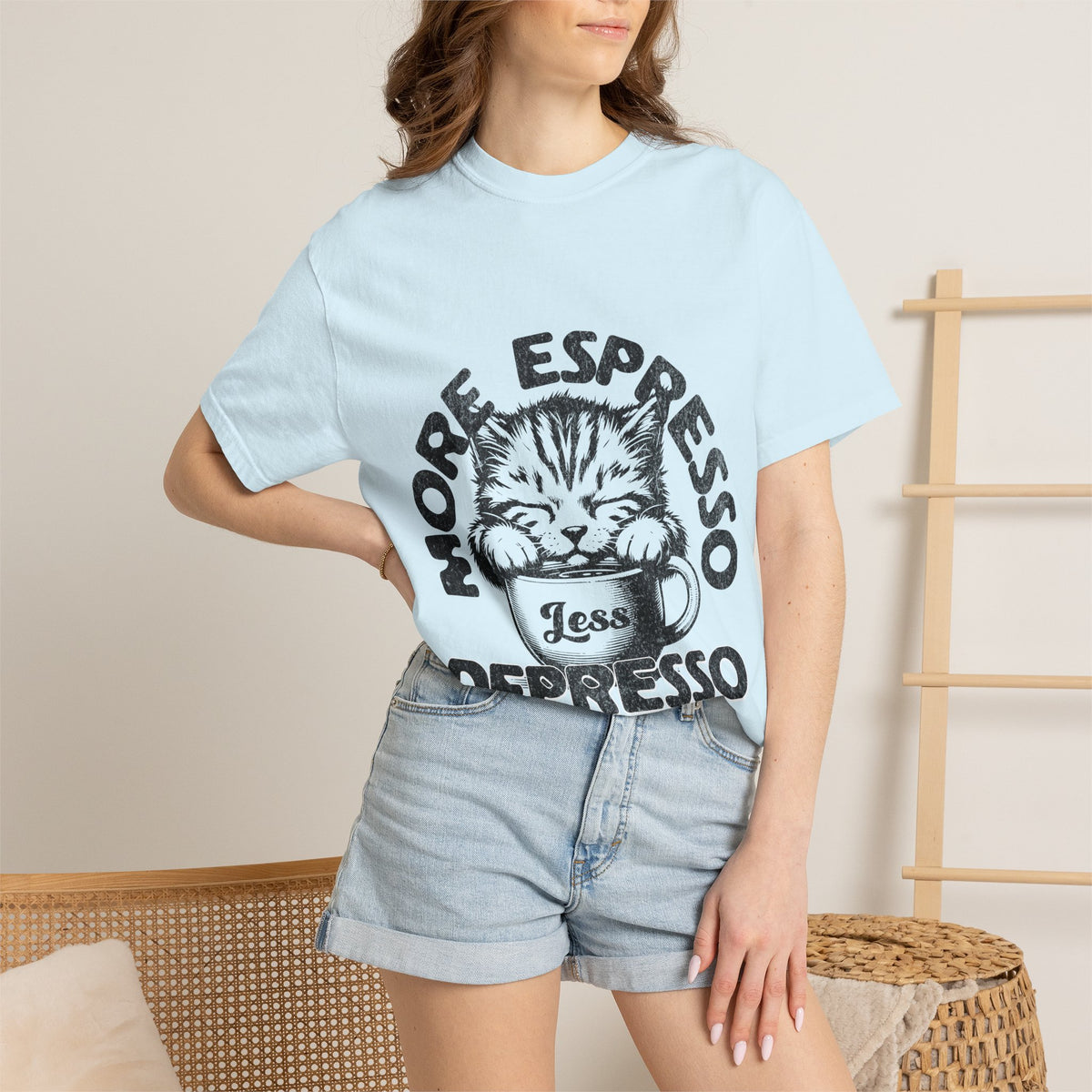 FPD - More Espresso Less Depresso T-Shirt | Minimalist Coffee Humor Graphic Tee | Funny Caffeine Addict Gift Shirt
