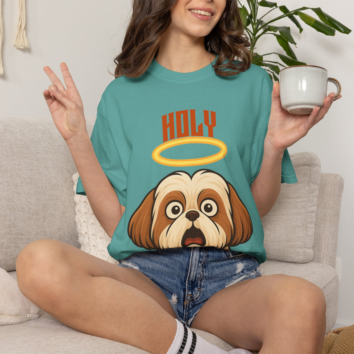FPD - Holy Shih Tzu Funny Dog Halo Shocked Expression Unisex Heavyweight Cotton T-Shirt, Sarcastic Pet Humor Graphic Tee