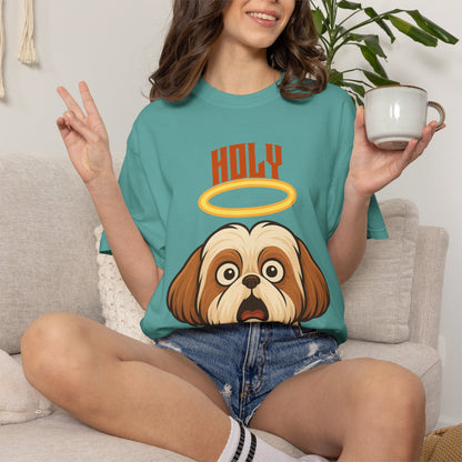 FPD - Holy Shih Tzu Funny Dog Halo Shocked Expression Unisex Heavyweight Cotton T-Shirt, Sarcastic Pet Humor Graphic Tee