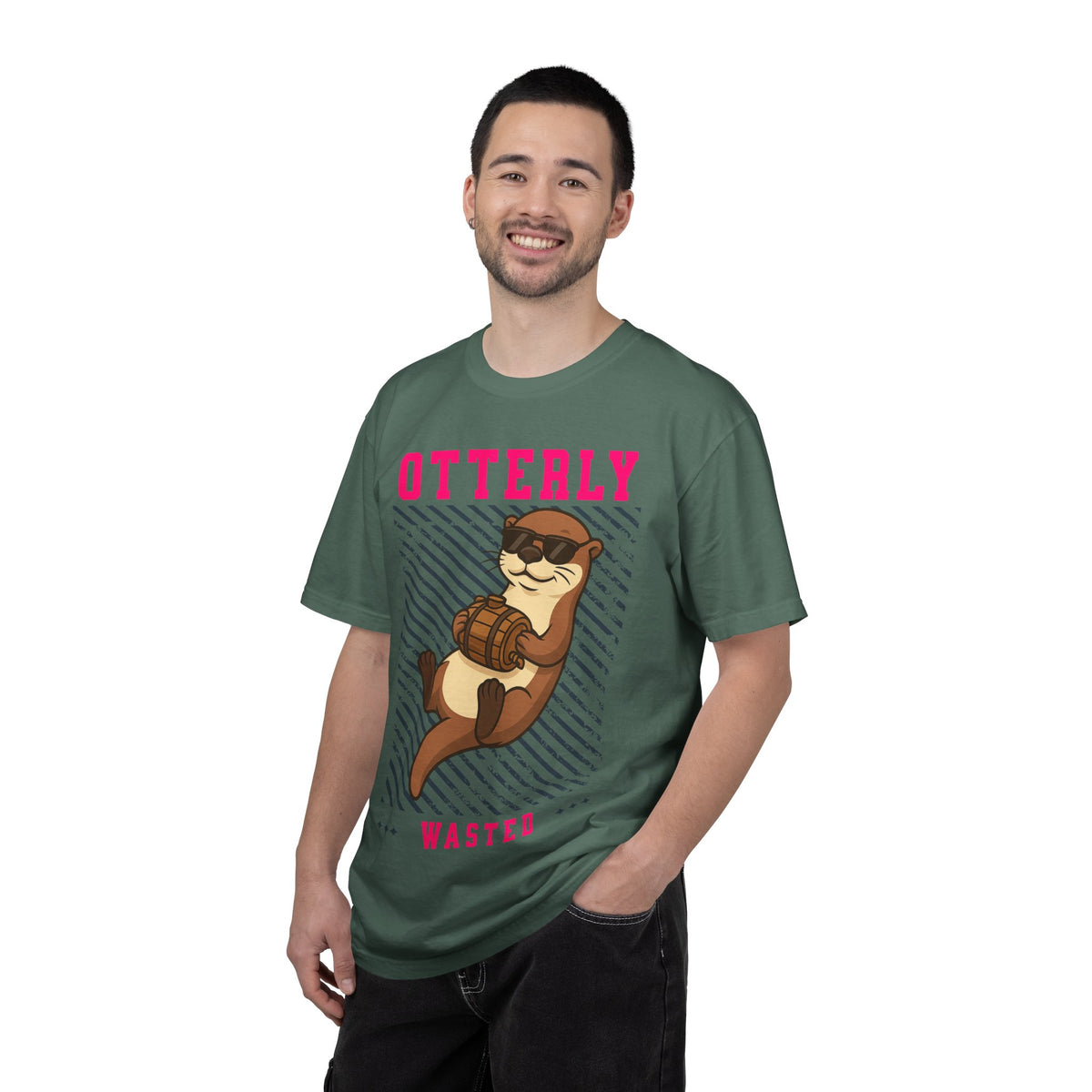 FPD - Otterly Wasted Funny Drinking Otter Sunglasses Barrel Streetwear Unisex Heavyweight Cotton T-Shirt, Sarcastic Party Animal Graphic Tee