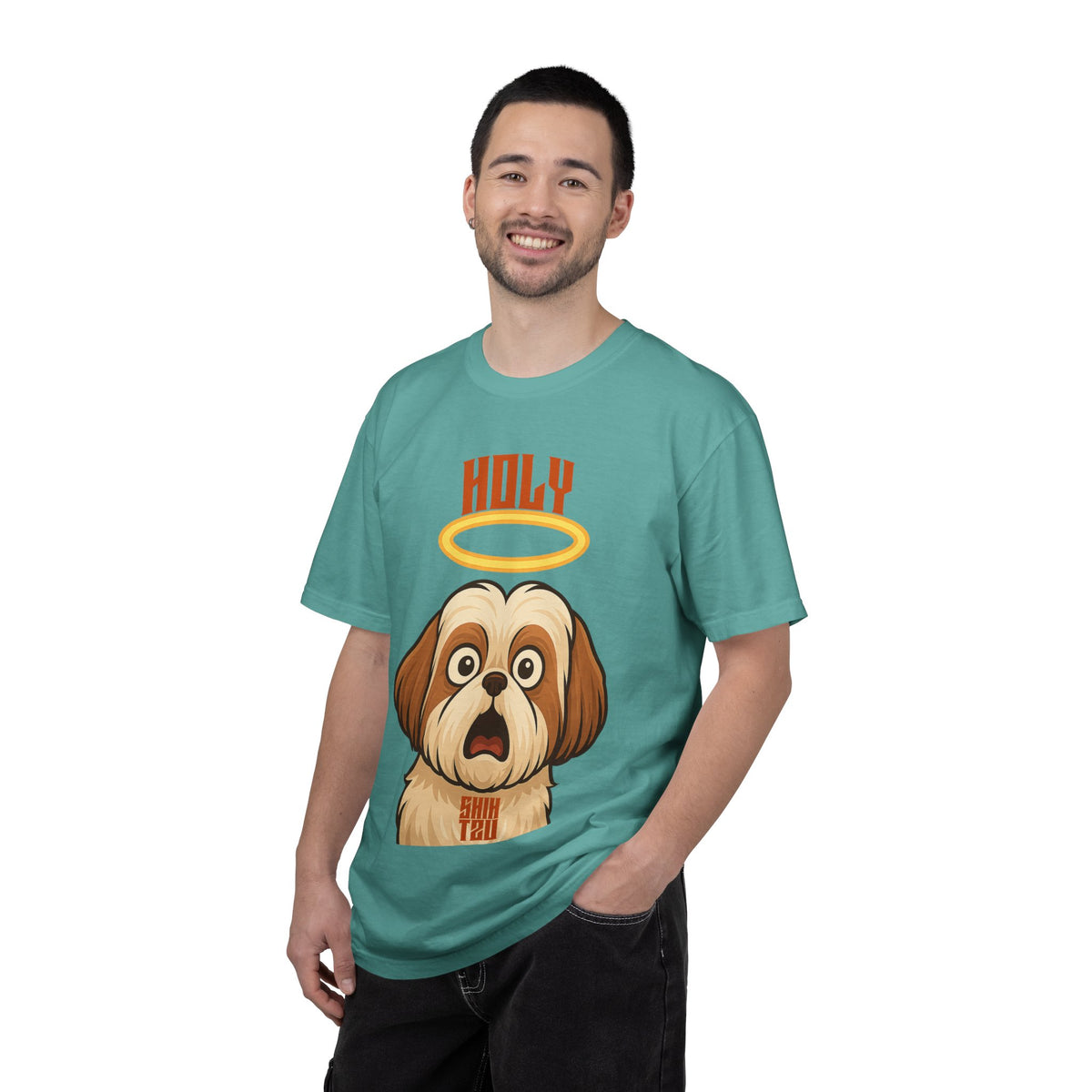 FPD - Holy Shih Tzu Funny Dog Halo Shocked Expression Unisex Heavyweight Cotton T-Shirt, Sarcastic Pet Humor Graphic Tee