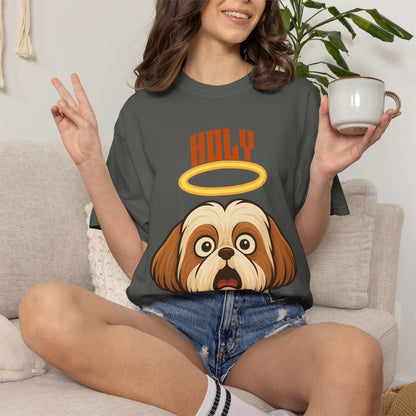 FPD - Holy Shih Tzu Funny Dog Halo Shocked Expression Unisex Heavyweight Cotton T-Shirt, Sarcastic Pet Humor Graphic Tee