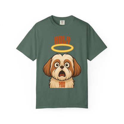 FPD - Holy Shih Tzu Funny Dog Halo Shocked Expression Unisex Heavyweight Cotton T-Shirt, Sarcastic Pet Humor Graphic Tee