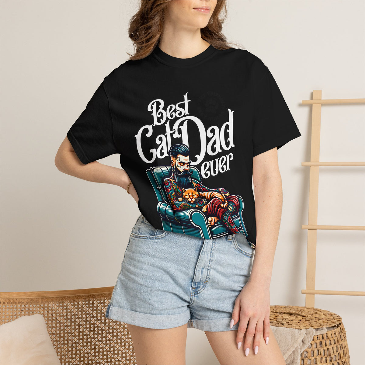FPD - Best Cat Dad Ever T-Shirt | Tattooed Cat Dad In Armchair Graphic Tee | Funny Pet Lover Gift Shirt