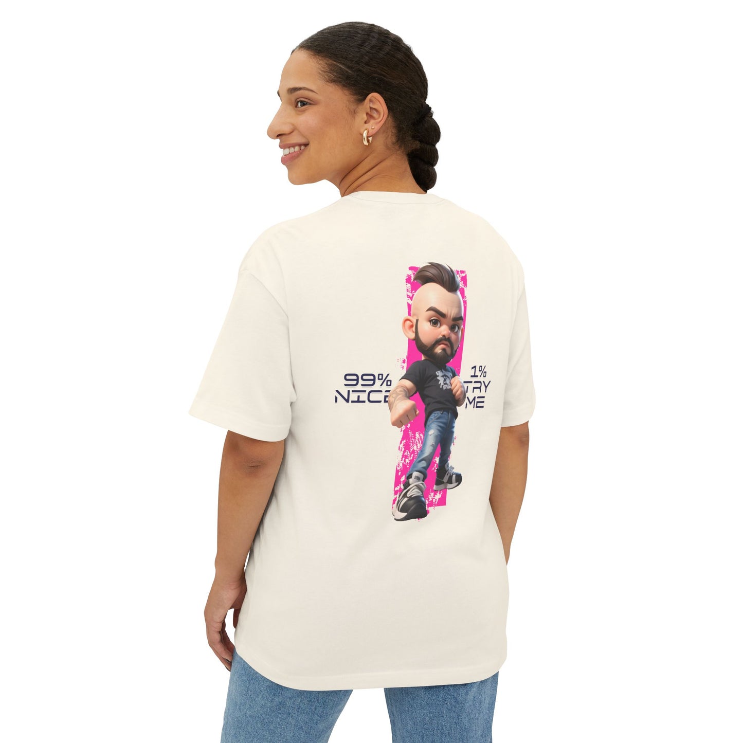 Person wearing a white t-shirt with a graphic design on the back