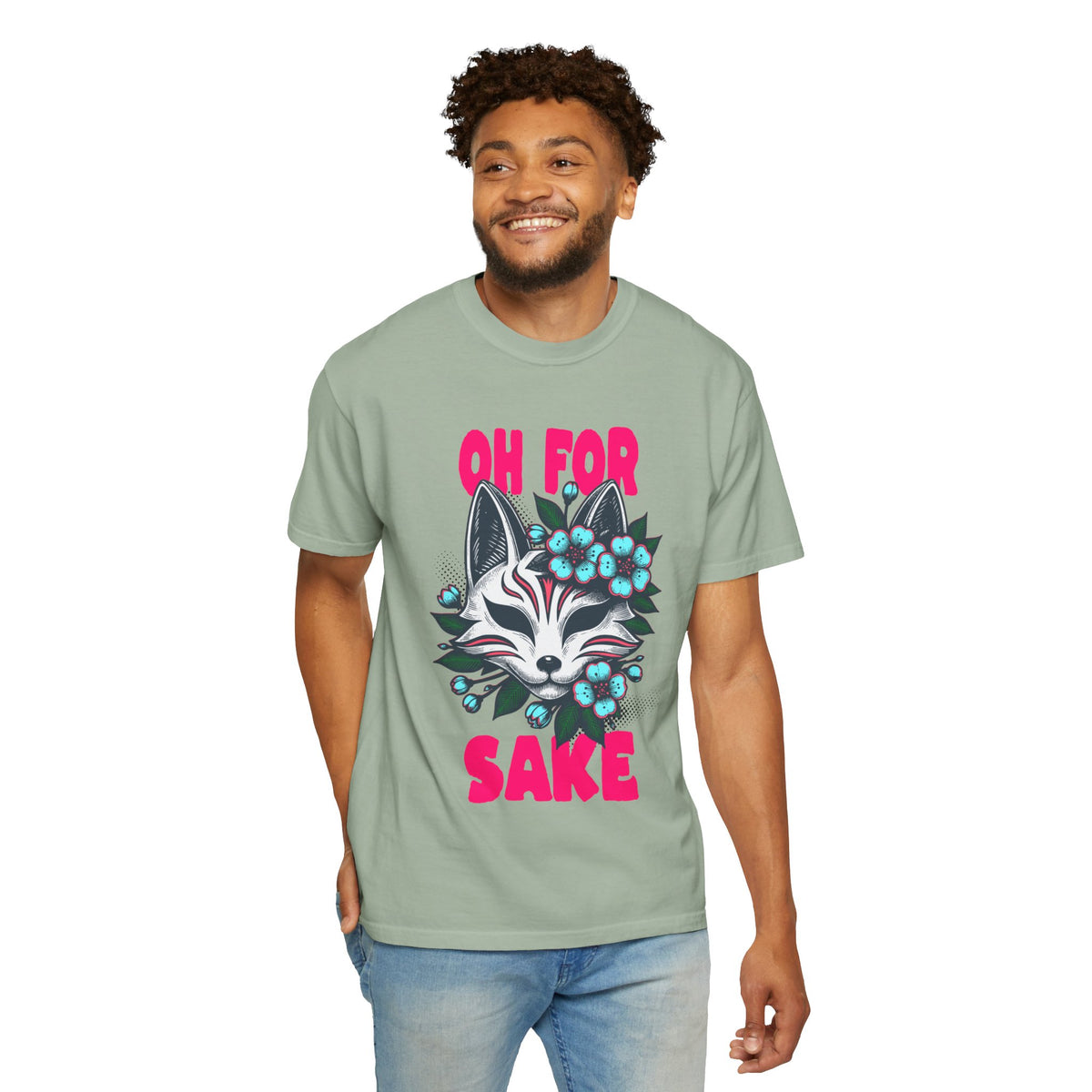FPD - Oh For Sake Japanese Kitsune Fox Floral Streetwear Unisex Heavyweight Cotton T-Shirt, Sarcastic Anime Mask Graphic Tee
