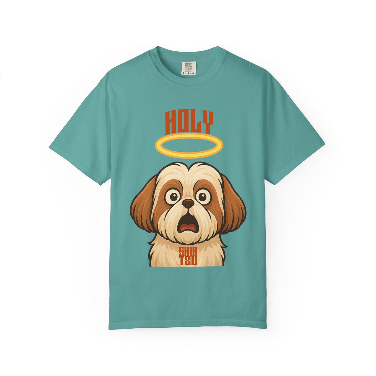 FPD - Holy Shih Tzu Funny Dog Halo Shocked Expression Unisex Heavyweight Cotton T-Shirt, Sarcastic Pet Humor Graphic Tee
