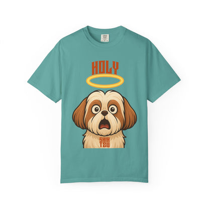 FPD - Holy Shih Tzu Funny Dog Halo Shocked Expression Unisex Heavyweight Cotton T-Shirt, Sarcastic Pet Humor Graphic Tee