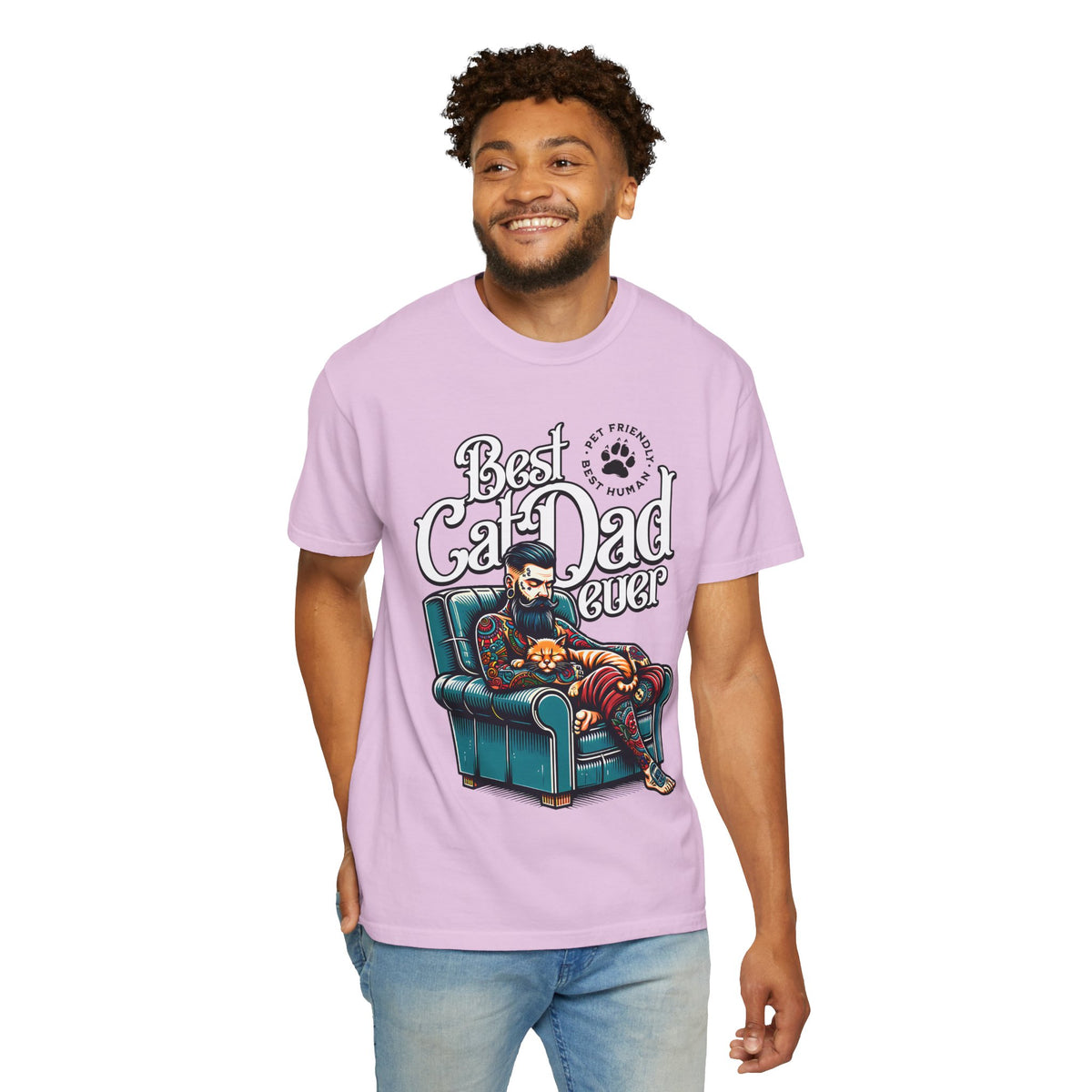 FPD - Best Cat Dad Ever T-Shirt | Tattooed Cat Dad In Armchair Graphic Tee | Funny Pet Lover Gift Shirt