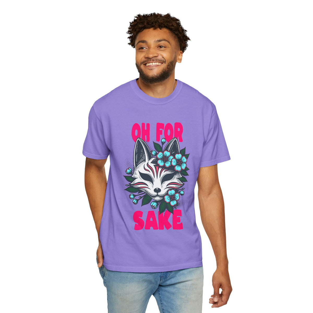 FPD - Oh For Sake Japanese Kitsune Fox Floral Streetwear Unisex Heavyweight Cotton T-Shirt, Sarcastic Anime Mask Graphic Tee