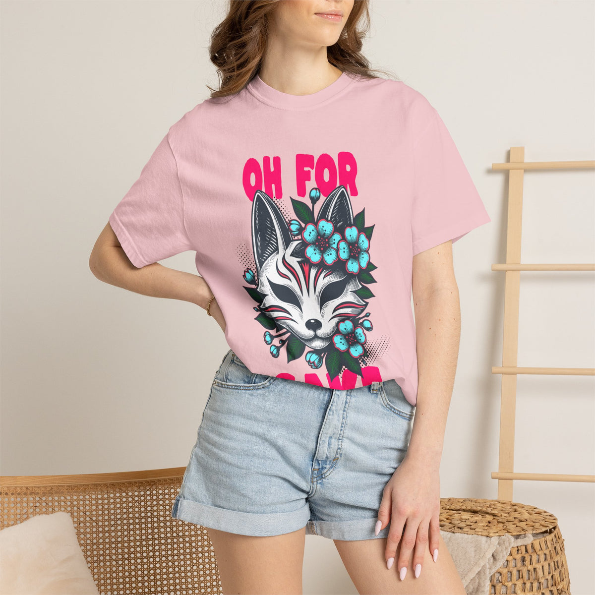FPD - Oh For Sake Japanese Kitsune Fox Floral Streetwear Unisex Heavyweight Cotton T-Shirt, Sarcastic Anime Mask Graphic Tee