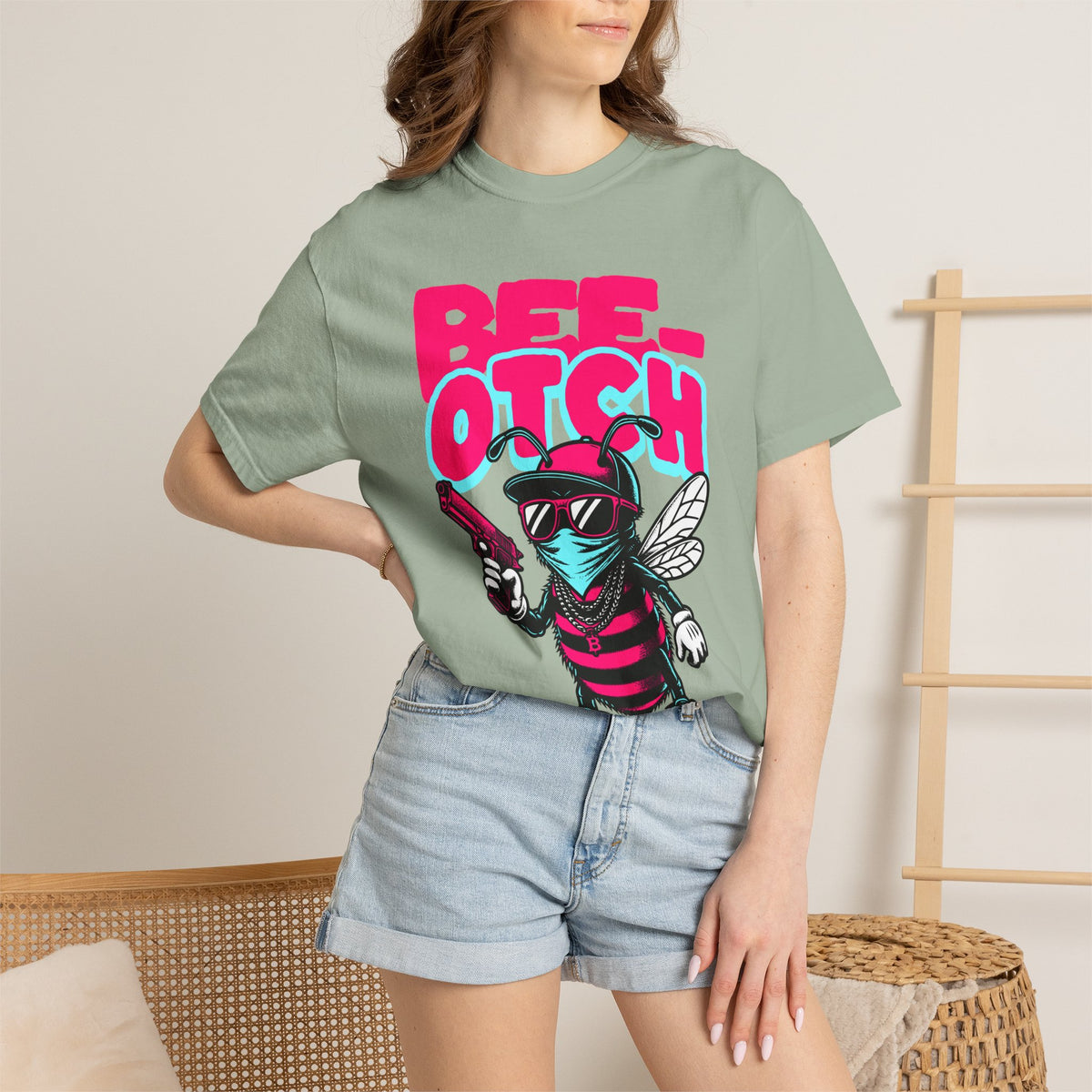 FPD - Bee-Otch Streetwear Graphic Tee – Funny Gangster Bee Unisex Heavyweight Cotton T-Shirt, Trendy Humorous Urban Apparel