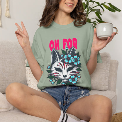 FPD - Oh For Sake Japanese Kitsune Fox Floral Streetwear Unisex Heavyweight Cotton T-Shirt, Sarcastic Anime Mask Graphic Tee