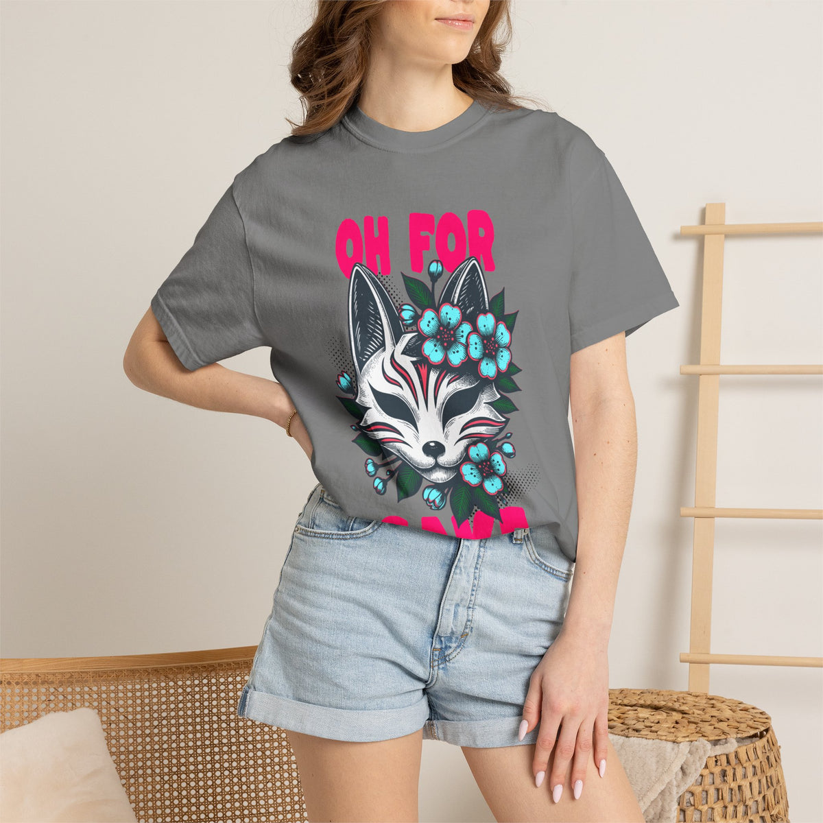 FPD - Oh For Sake Japanese Kitsune Fox Floral Streetwear Unisex Heavyweight Cotton T-Shirt, Sarcastic Anime Mask Graphic Tee