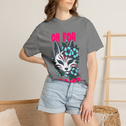 FPD - Oh For Sake Japanese Kitsune Fox Floral Streetwear Unisex Heavyweight Cotton T-Shirt, Sarcastic Anime Mask Graphic Tee