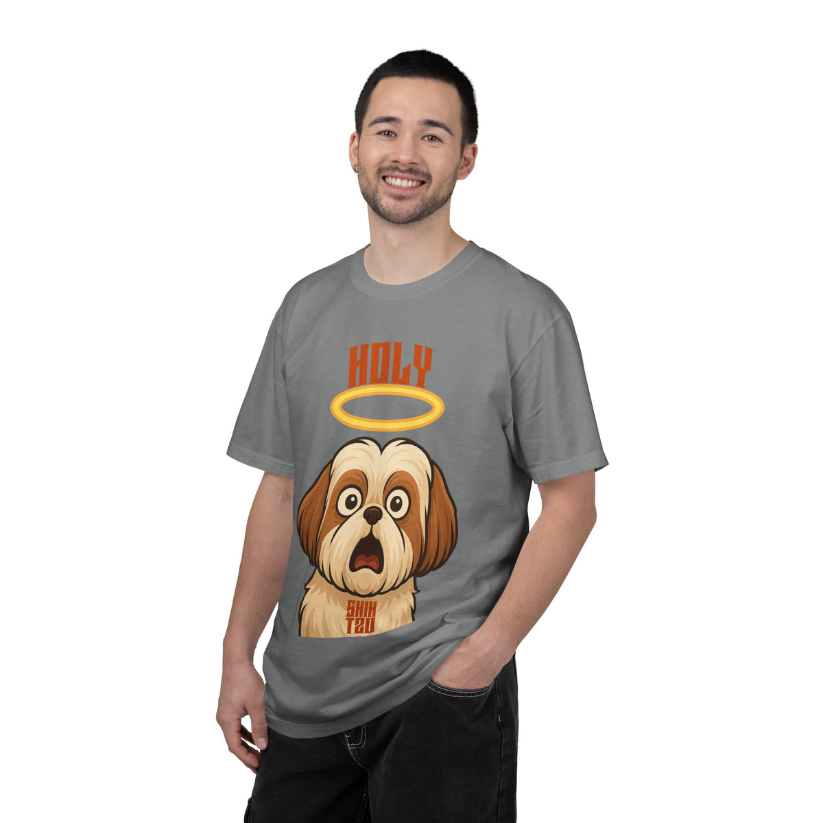 FPD - Holy Shih Tzu Funny Dog Halo Shocked Expression Unisex Heavyweight Cotton T-Shirt, Sarcastic Pet Humor Graphic Tee