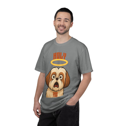 FPD - Holy Shih Tzu Funny Dog Halo Shocked Expression Unisex Heavyweight Cotton T-Shirt, Sarcastic Pet Humor Graphic Tee