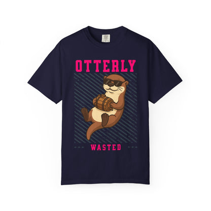 FPD - Otterly Wasted Funny Drinking Otter Sunglasses Barrel Streetwear Unisex Heavyweight Cotton T-Shirt, Sarcastic Party Animal Graphic Tee