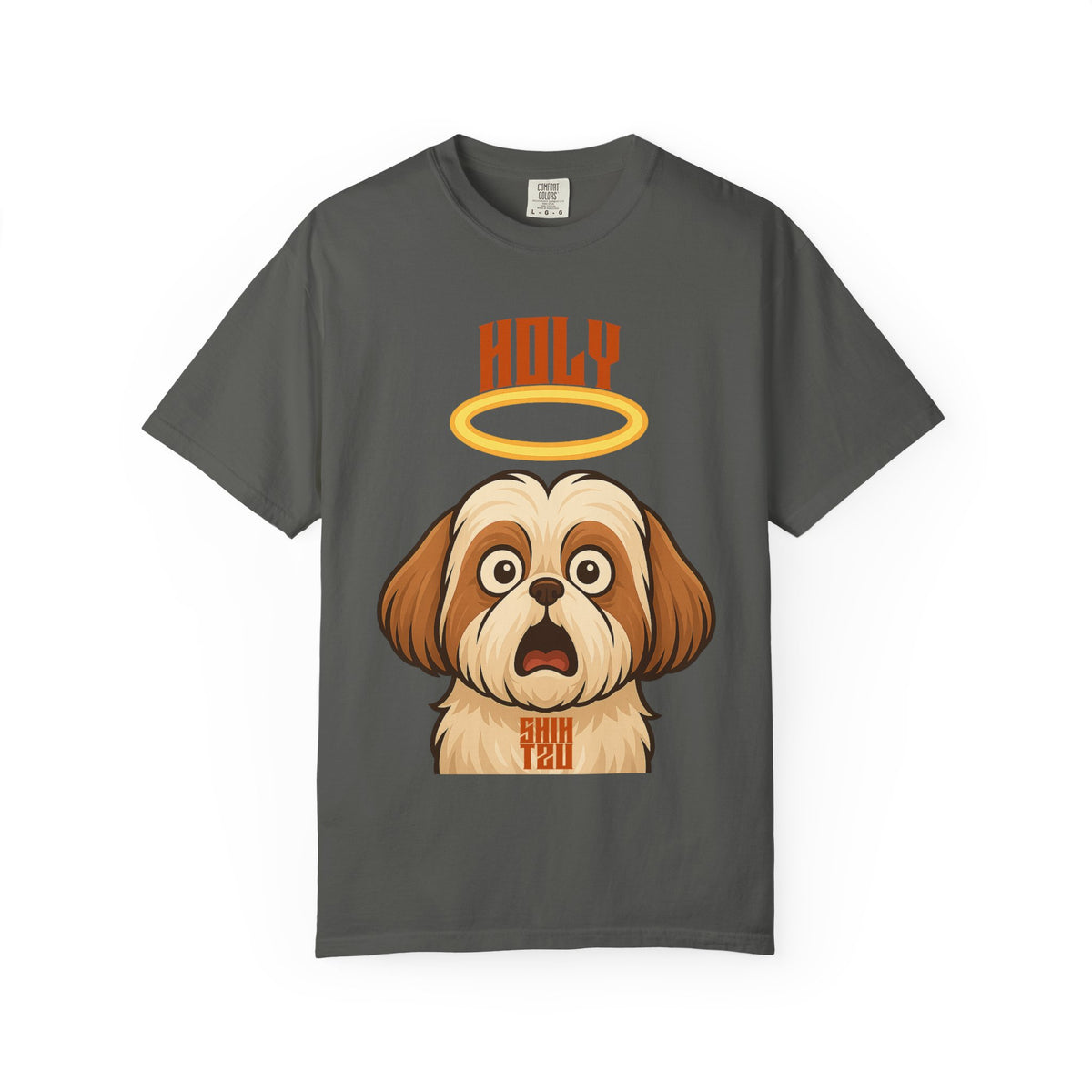 FPD - Holy Shih Tzu Funny Dog Halo Shocked Expression Unisex Heavyweight Cotton T-Shirt, Sarcastic Pet Humor Graphic Tee