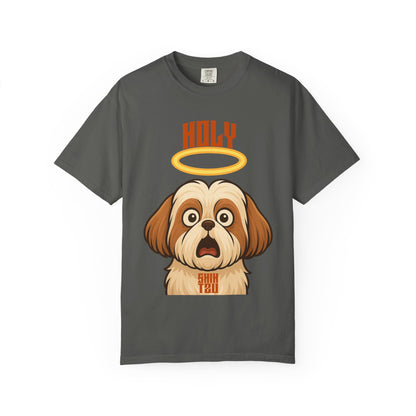 FPD - Holy Shih Tzu Funny Dog Halo Shocked Expression Unisex Heavyweight Cotton T-Shirt, Sarcastic Pet Humor Graphic Tee