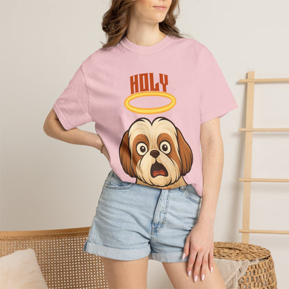 FPD - Holy Shih Tzu Funny Dog Halo Shocked Expression Unisex Heavyweight Cotton T-Shirt, Sarcastic Pet Humor Graphic Tee