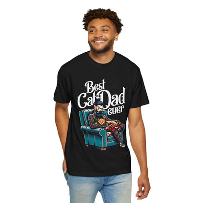 FPD - Best Cat Dad Ever T-Shirt | Tattooed Cat Dad In Armchair Graphic Tee | Funny Pet Lover Gift Shirt